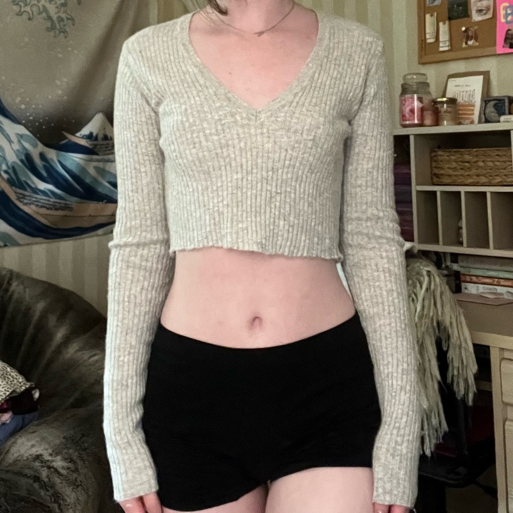 BRANDY MELVILLE cropped long sleeve grey sweater